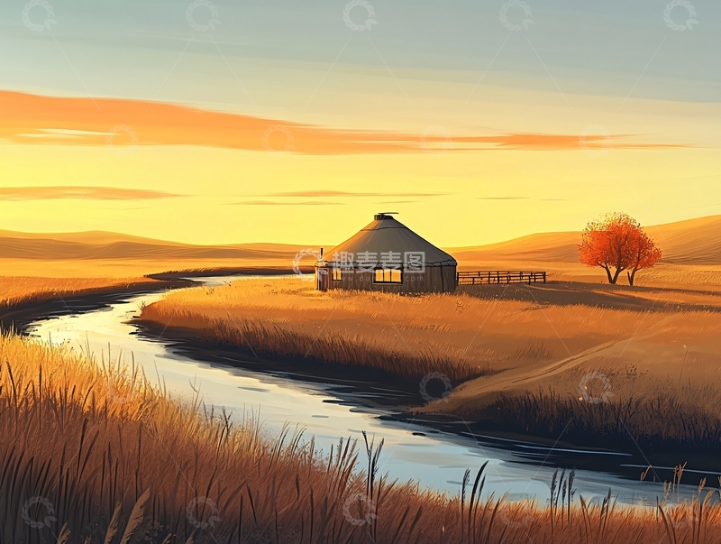 高清大图下载【趣麦麦图】内蒙草原插画