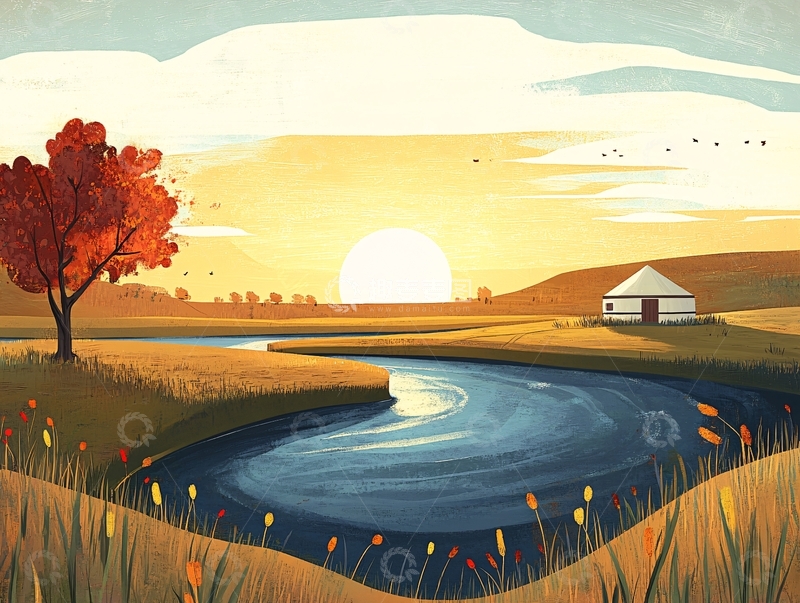 高清大图下载【趣麦麦图】秋天插画草原2