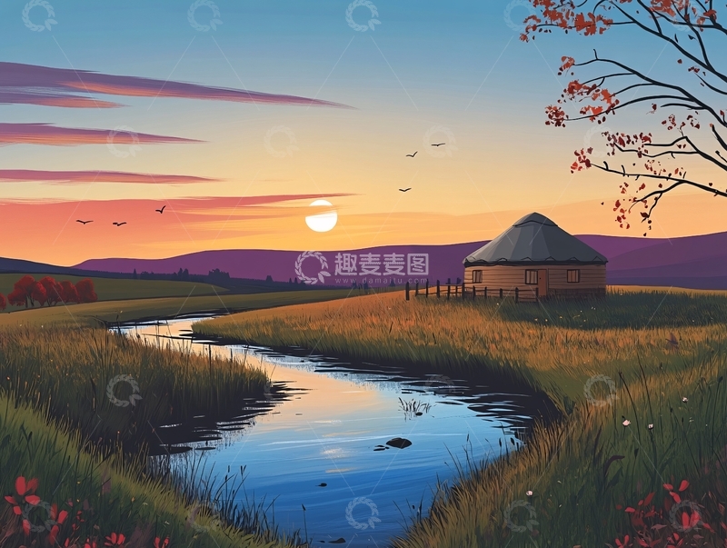 高清大图下载【趣麦麦图】内蒙草原插画1