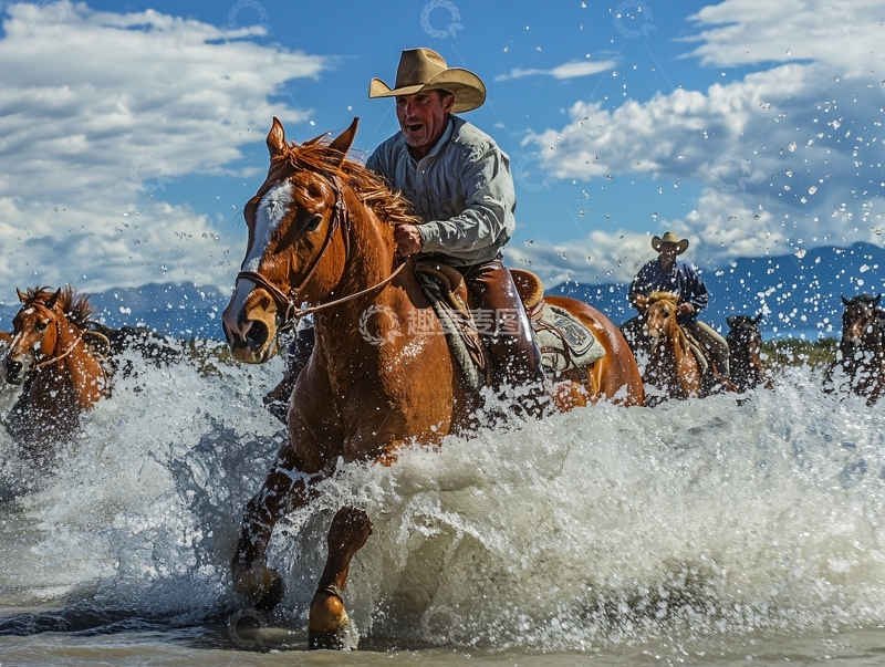 高清大图下载【趣麦麦图】马群过河马蹋水花