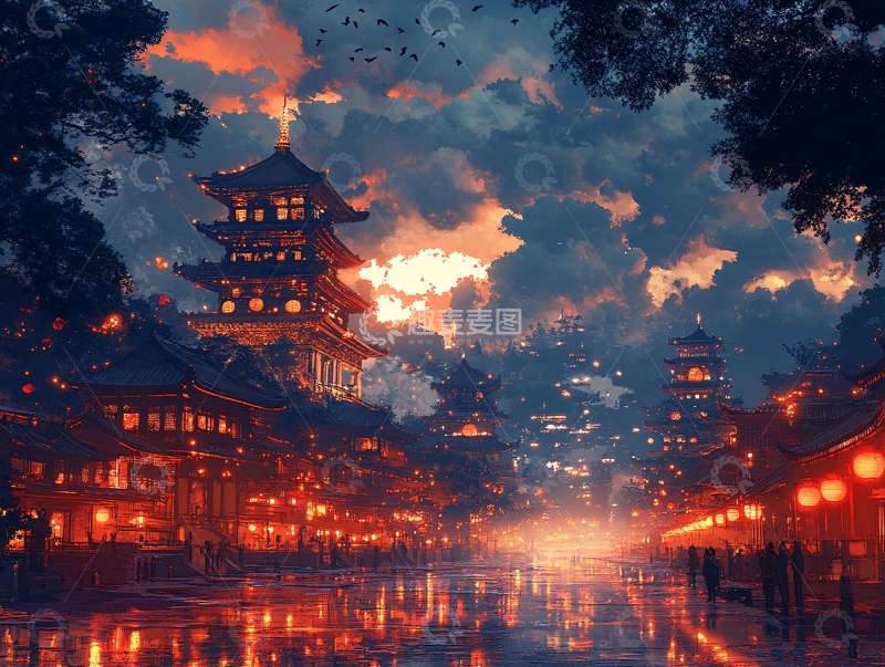 高清大图下载【趣麦麦图】烟雨楼插画3