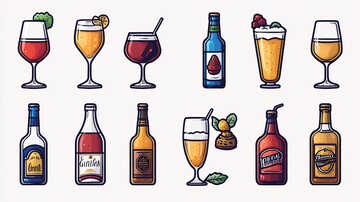 矢量单色瓶和玻璃饮料图标集1