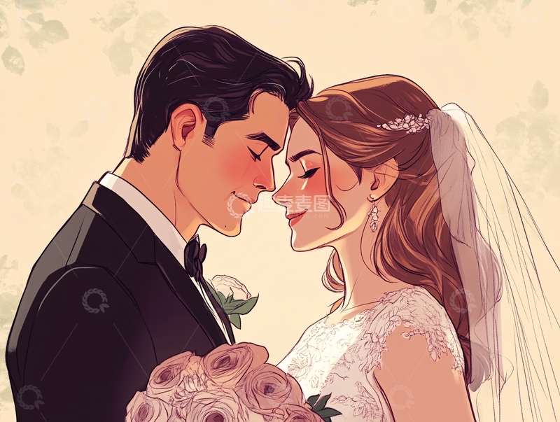 高清大图下载【趣麦麦图】结婚照插画1