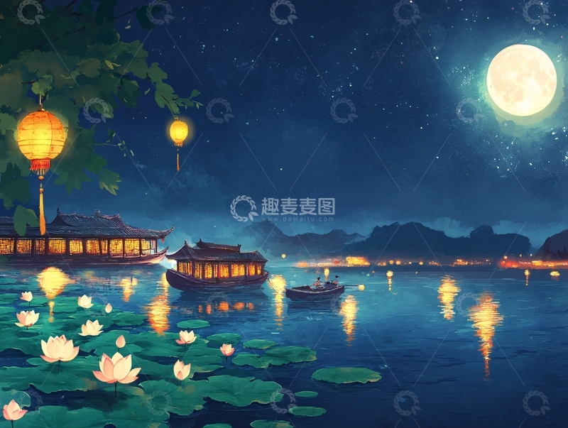 高清大图下载【趣麦麦图】虎溪夜月景点插画9
