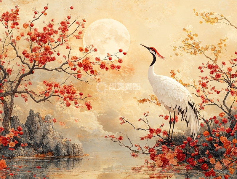 高清大图下载【趣麦麦图】梅花仙鹤旭日东升8
