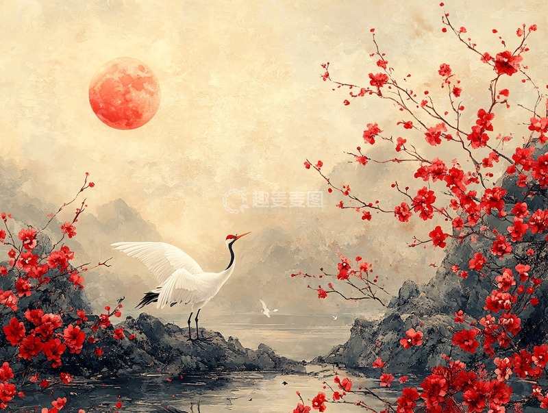 高清大图下载【趣麦麦图】梅花仙鹤旭日东升9