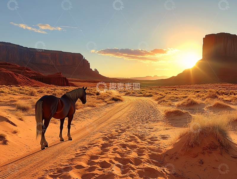 高清大图下载【趣麦麦图】夕阳下的骏马1