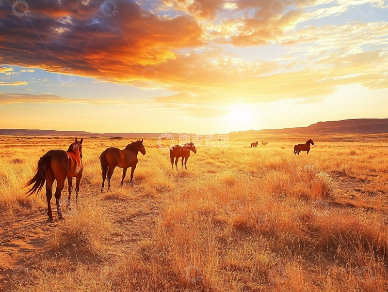高清大图下载【趣麦麦图】蓝天晚霞下的骏马