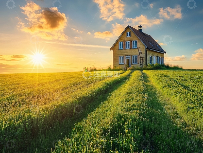 高清大图下载【趣麦麦图】晚霞中草地木屋