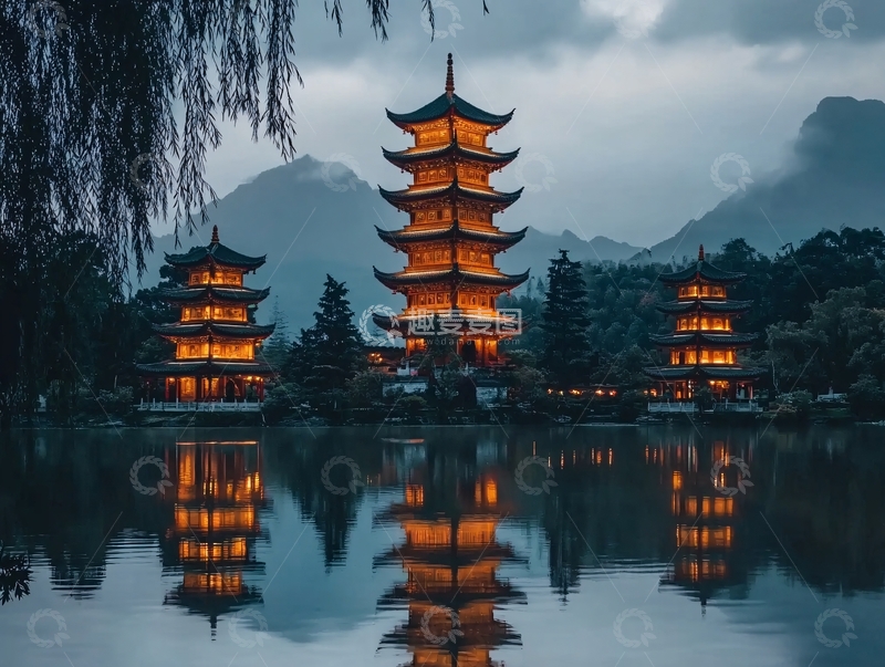 高清大图下载【趣麦麦图】湖中楼塔