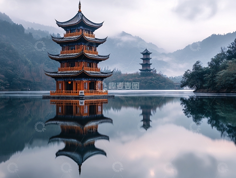 高清大图下载【趣麦麦图】水中塔亭1