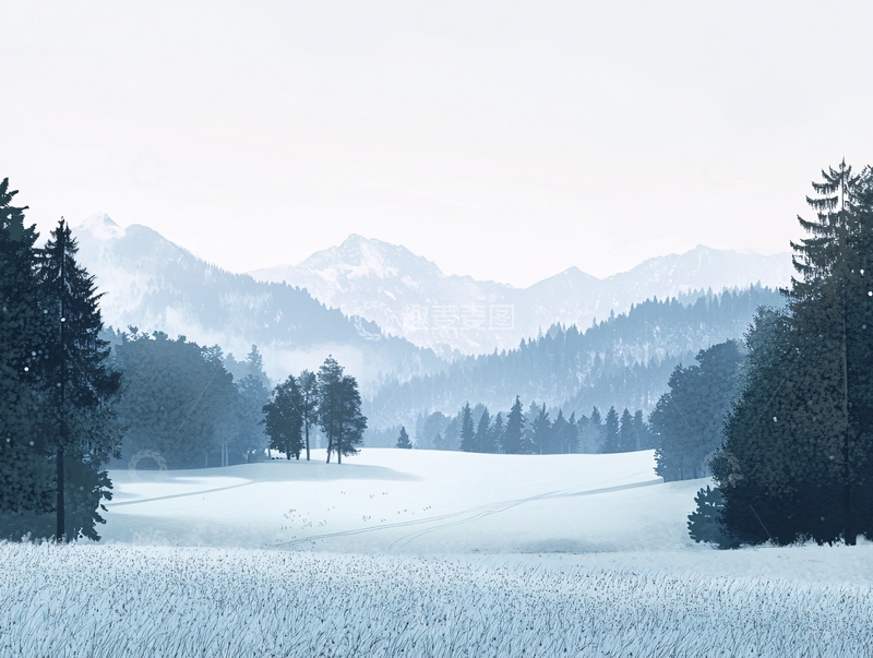 高清大图下载【趣麦麦图】手绘森林山峰草地1