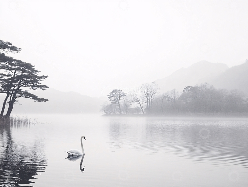 高清大图下载【趣麦麦图】意境山水冬日天鹅2