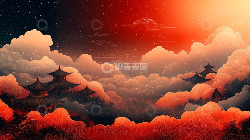 高清大图下载【趣麦麦图】金色云纹红底图