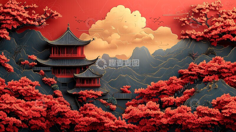 高清大图下载【趣麦麦图】金色云纹红底图2