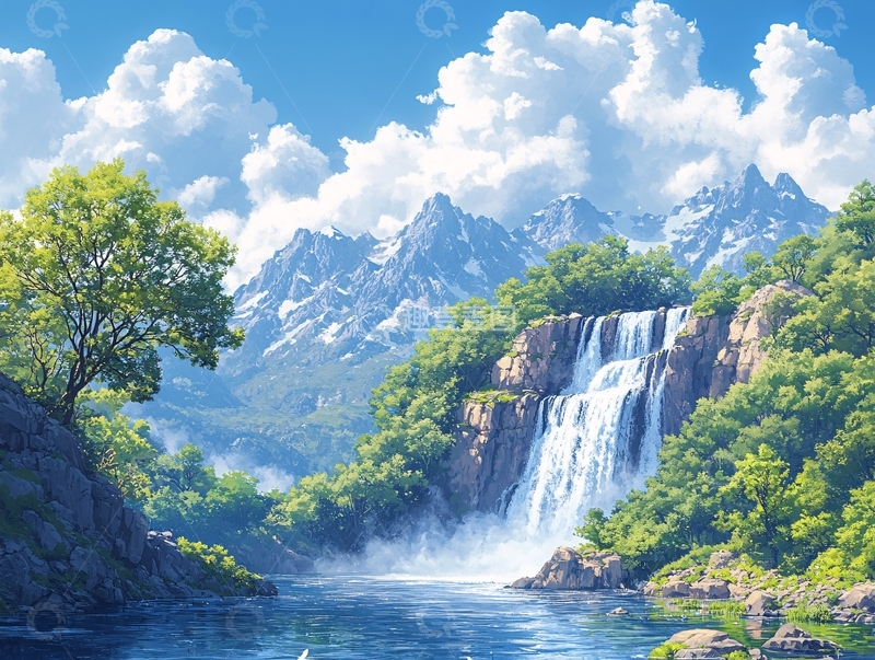 高清大图下载【趣麦麦图】山水风景油画瀑布29