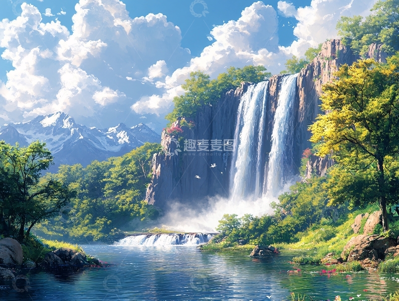 高清大图下载【趣麦麦图】山水风景油画瀑布28