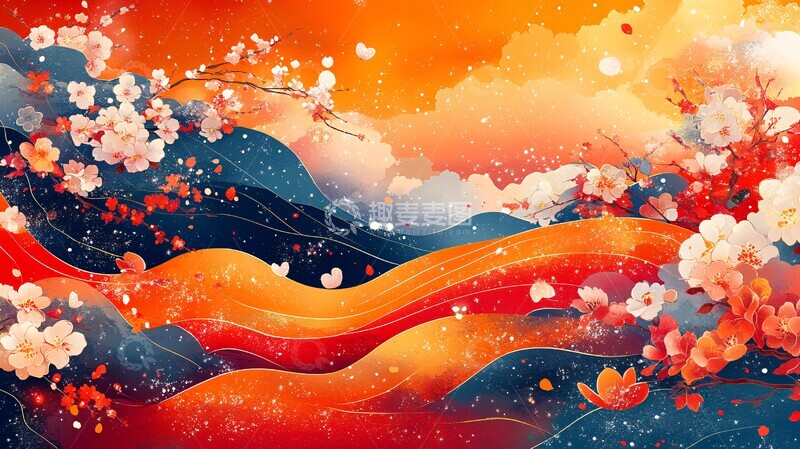 高清大图下载【趣麦麦图】春节花纹彩带图案1