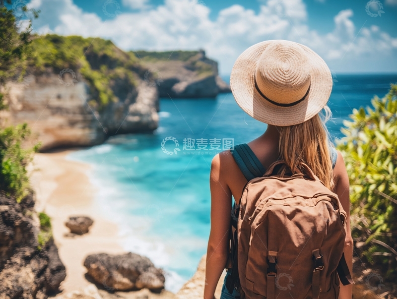 高清大图下载【趣麦麦图】海边背包女人背影
