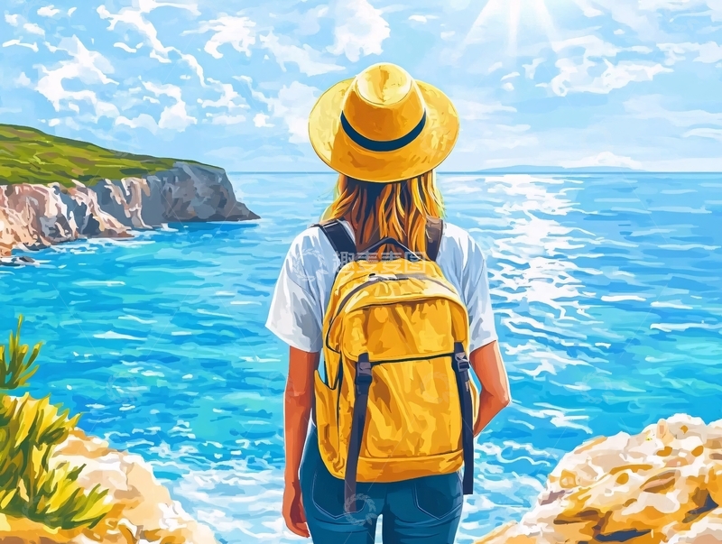 高清大图下载【趣麦麦图】背包客看海旅行