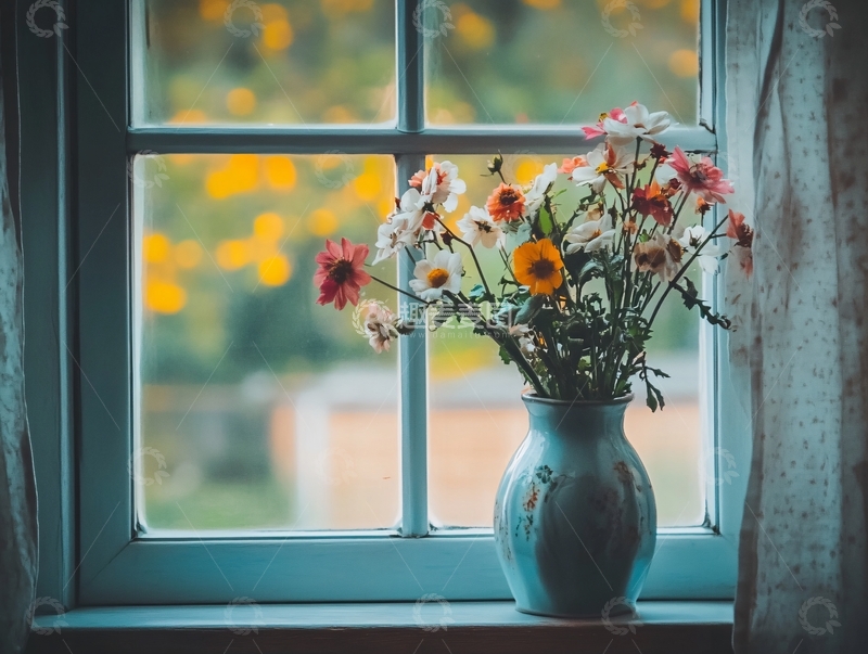 高清大图下载【趣麦麦图】菊花郡花农家窗边复古6