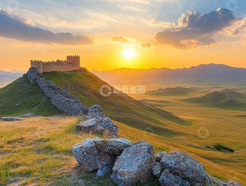 高清大图下载【趣麦麦图】山地烽燧霞光1