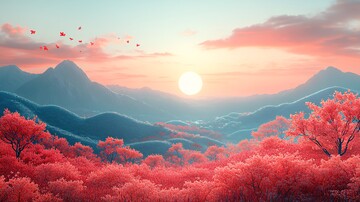 彩色亚洲风景插画