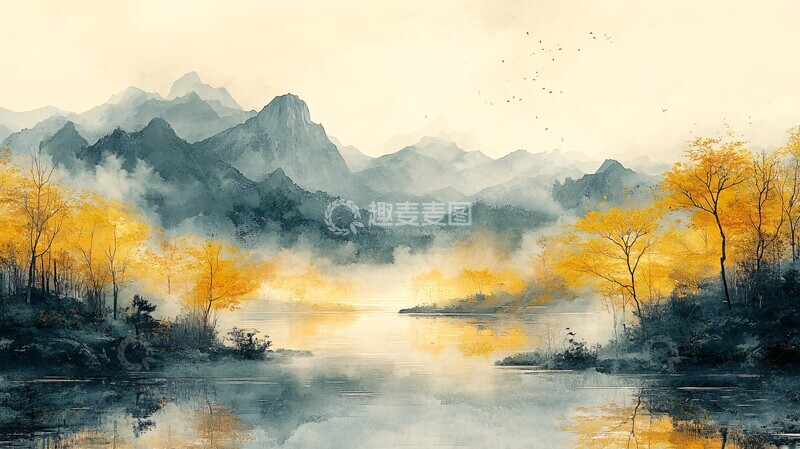 高清大图下载【趣麦麦图】浅黄淡彩山水图2