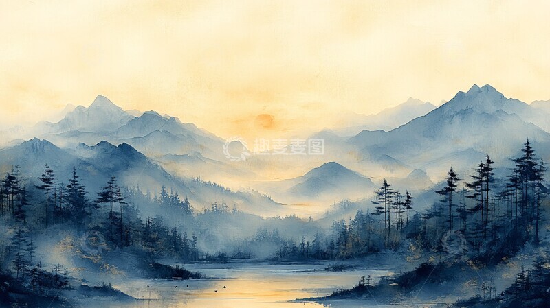 高清大图下载【趣麦麦图】浅黄淡彩山水图3