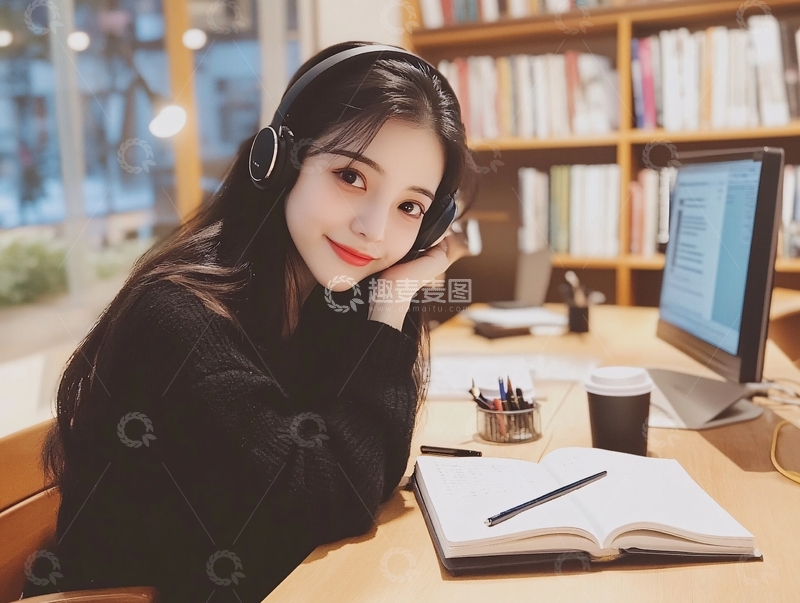 高清大图下载【趣麦麦图】听歌的少女