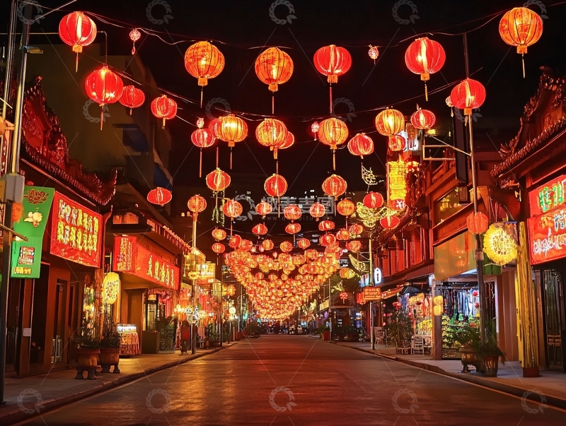高清大图下载【趣麦麦图】美食街夜景红灯笼