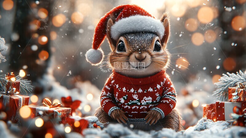 高清大图下载【趣麦麦图】松鼠冬日圣诞林中1