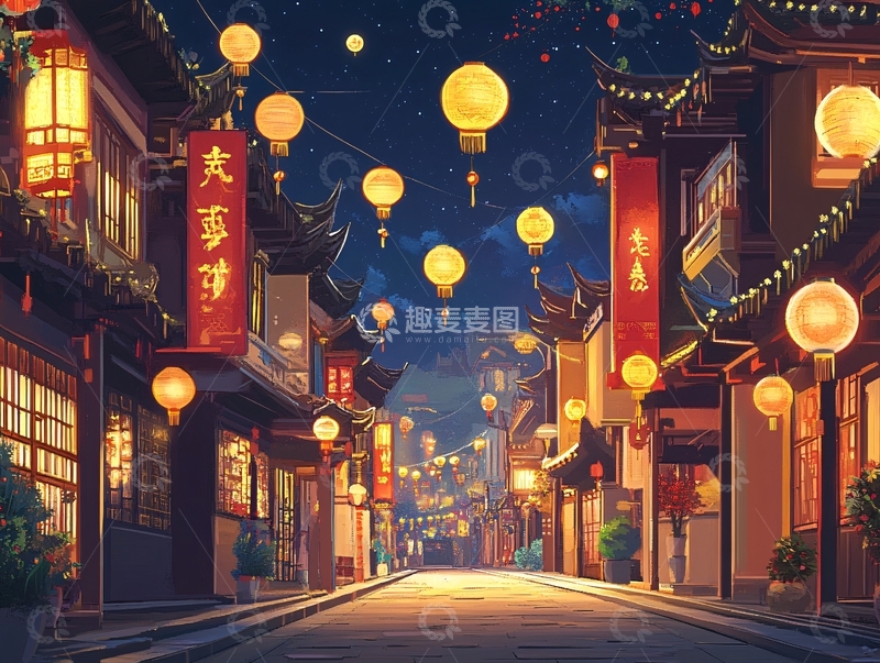 高清大图下载【趣麦麦图】古代街道夜景2