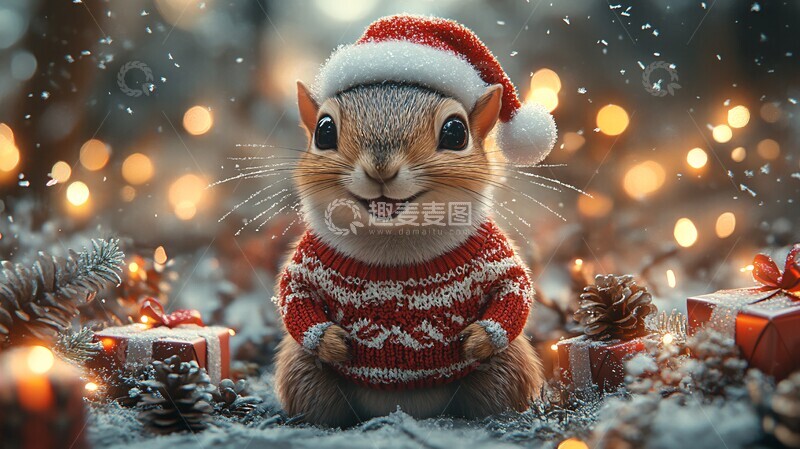 高清大图下载【趣麦麦图】松鼠冬日圣诞林中