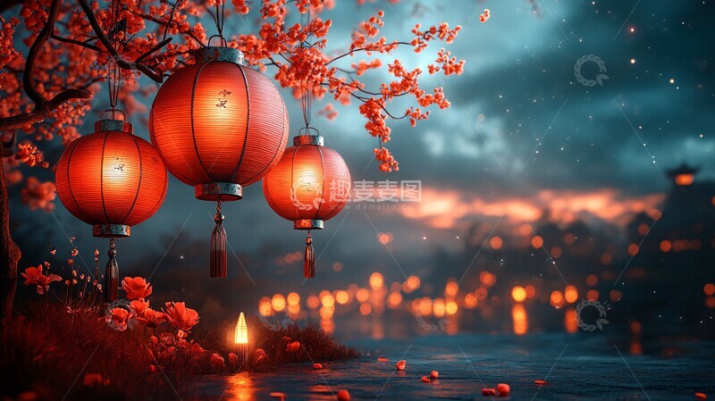 高清大图下载【趣麦麦图】红灯笼高挂夜空3