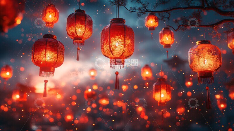 高清大图下载【趣麦麦图】红灯笼高挂夜空1