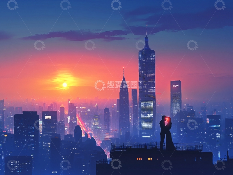 高清大图下载【趣麦麦图】日落城市插画29