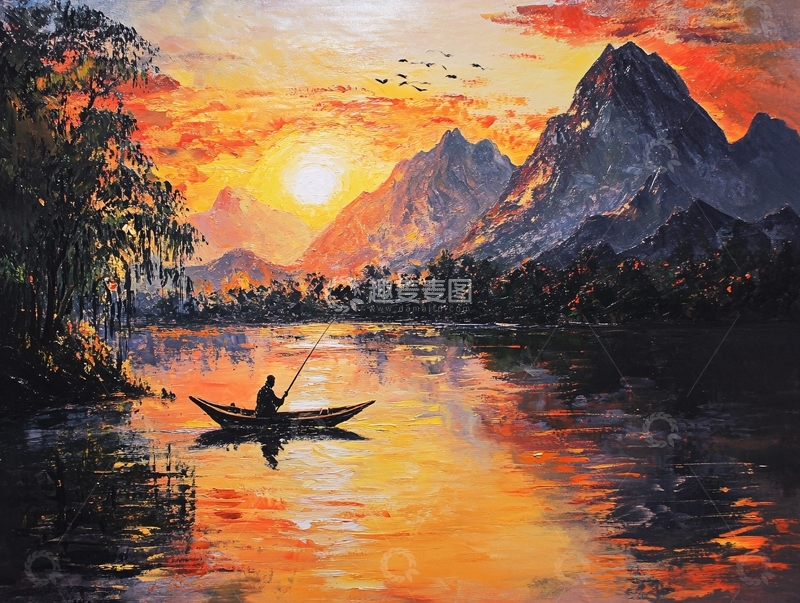 高清大图下载【趣麦麦图】山水夕阳油画2