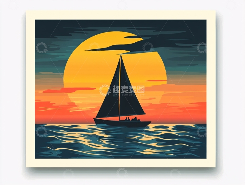 高清大图下载【趣麦麦图】海上落日插画18