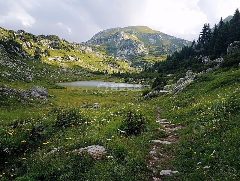 高清大图下载【趣麦麦图】高山草甸湖泊