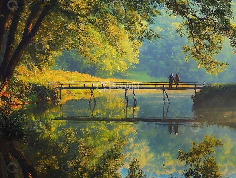 高清大图下载【趣麦麦图】田园生活板凳桥清晨1