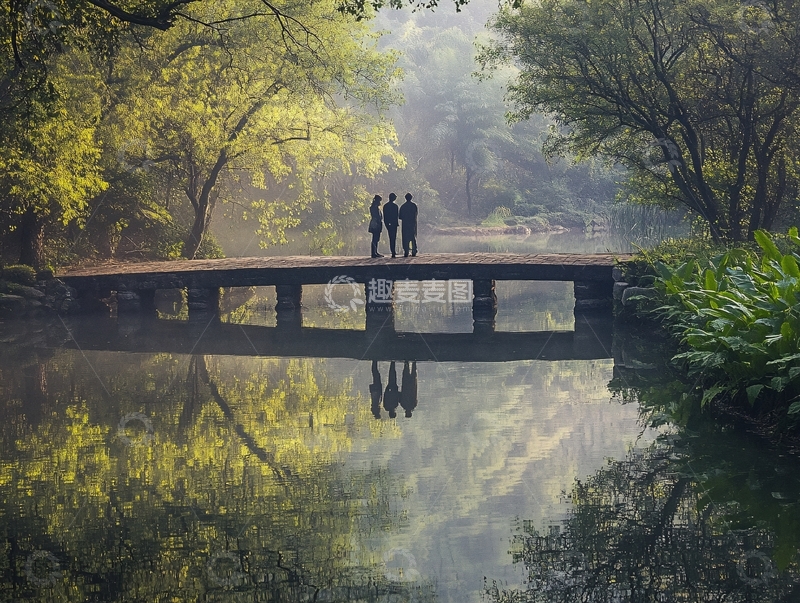 高清大图下载【趣麦麦图】清晨石桥游人1