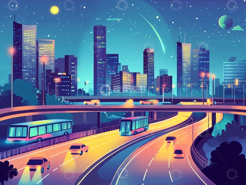 高清大图下载【趣麦麦图】天府立交桥插画