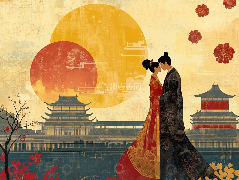 高清大图下载【趣麦麦图】朝鲜族人物情侣插画