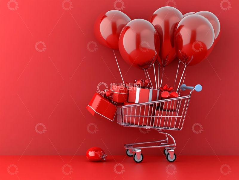 高清大图下载【趣麦麦图】购物车拉动礼盒气球