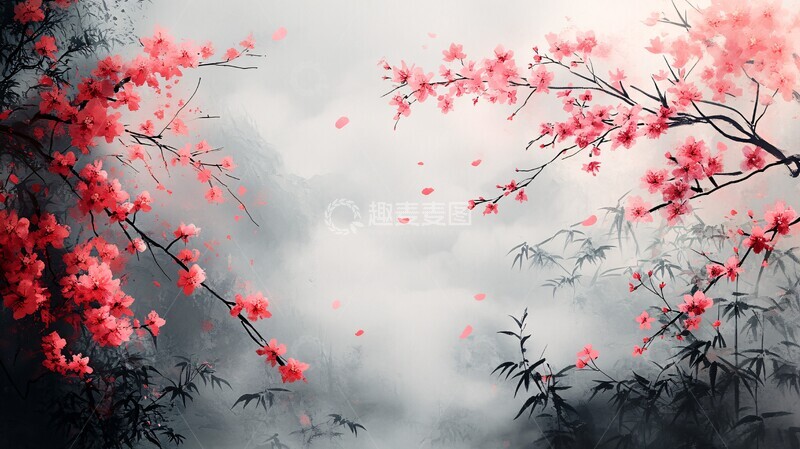 高清大图下载【趣麦麦图】竹林桃花桃花粉色叶子2