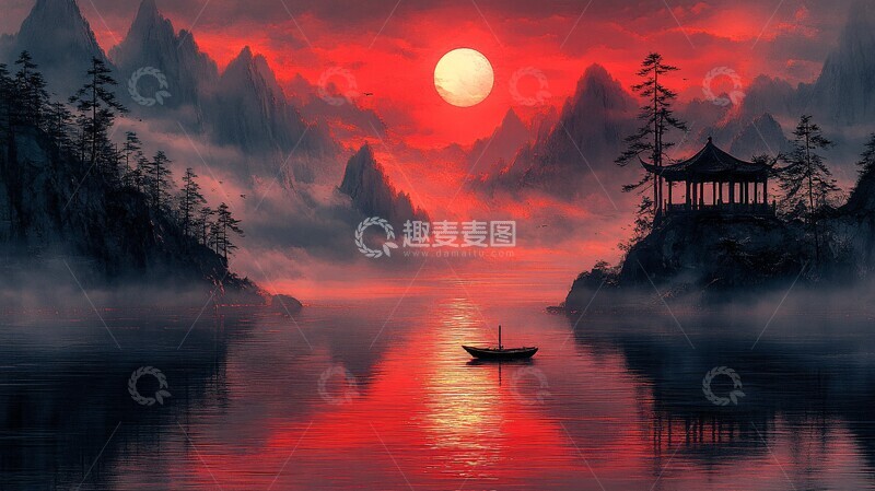高清大图下载【趣麦麦图】山水夕阳红霞映1