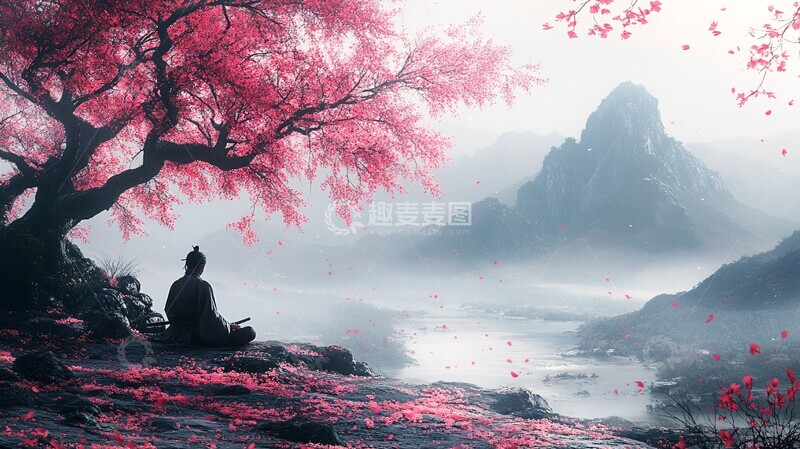 高清大图下载【趣麦麦图】樱花树下的武士