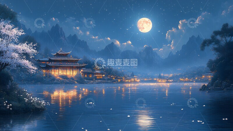 高清大图下载【趣麦麦图】白梅江畔月夜图