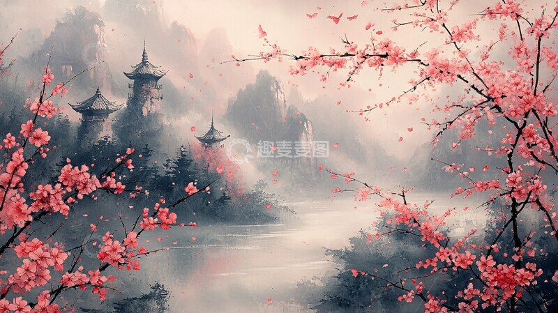 高清大图下载【趣麦麦图】竹林桃花桃花粉色叶子1